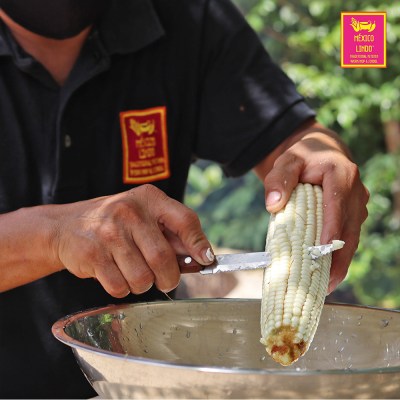 a person cutting a piece of food