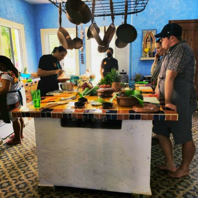 a group of people performing on a counter