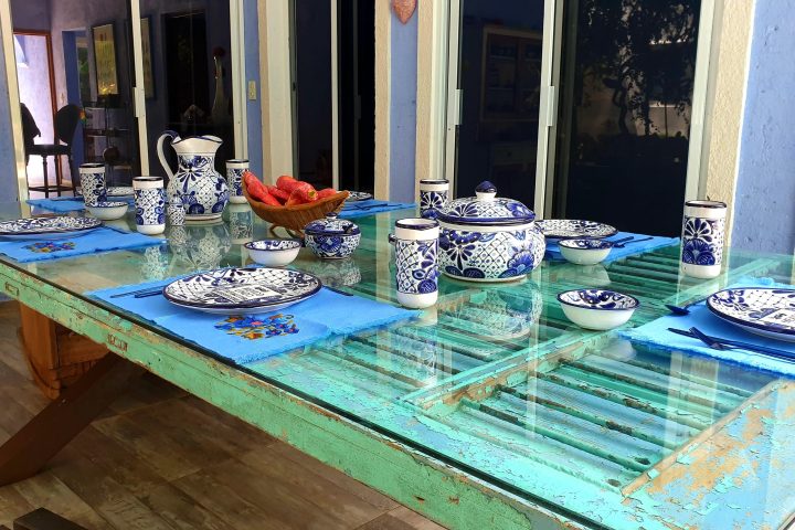 a blue bowl on a table